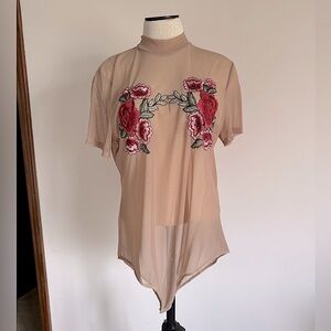 K GLAM Tan Mesh Sheer Short Sleeve Rose Bodysuit Floral Embroidery Bodysuit XXL